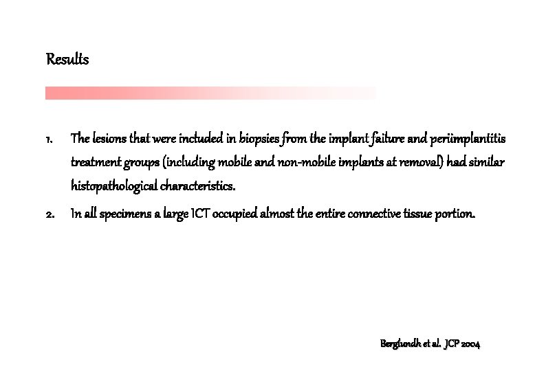 Results 1. The lesions that were included in biopsies from the implant failure and Results 1. The lesions that were included in biopsies from the implant failure and