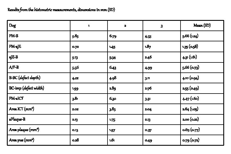 Results from the histometric measurements, dimensions in mm (SD) Dog 1 2 3 Mean Results from the histometric measurements, dimensions in mm (SD) Dog 1 2 3 Mean