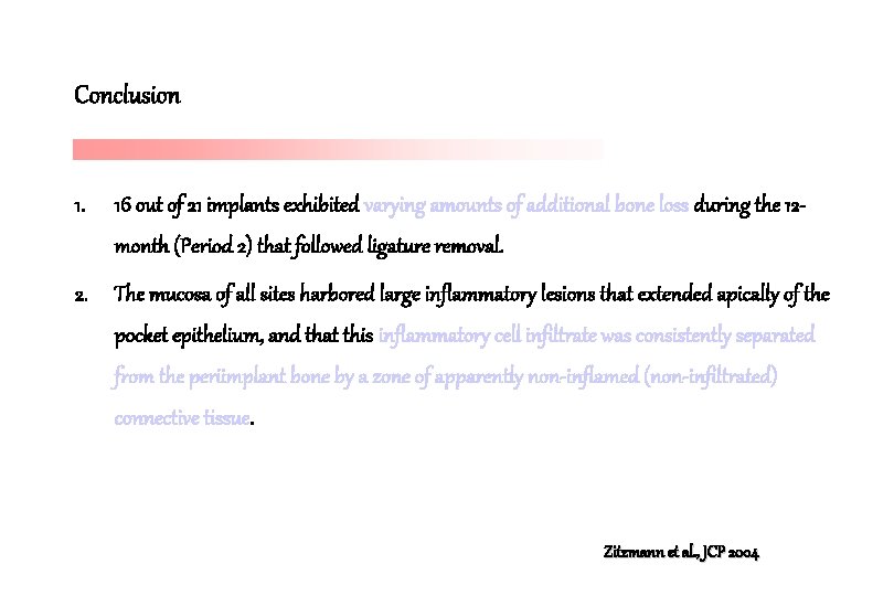 Conclusion 1. 16 out of 21 implants exhibited varying amounts of additional bone loss Conclusion 1. 16 out of 21 implants exhibited varying amounts of additional bone loss