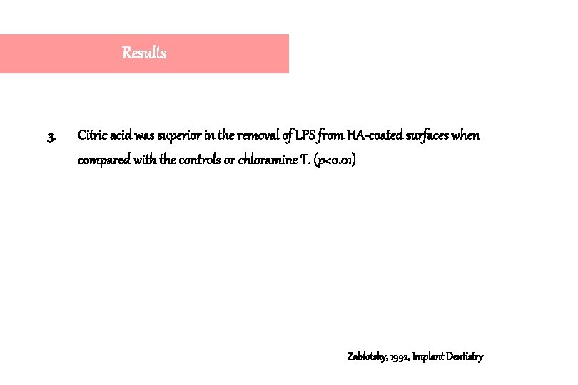 Results 3. Citric acid was superior in the removal of LPS from HA-coated surfaces Results 3. Citric acid was superior in the removal of LPS from HA-coated surfaces