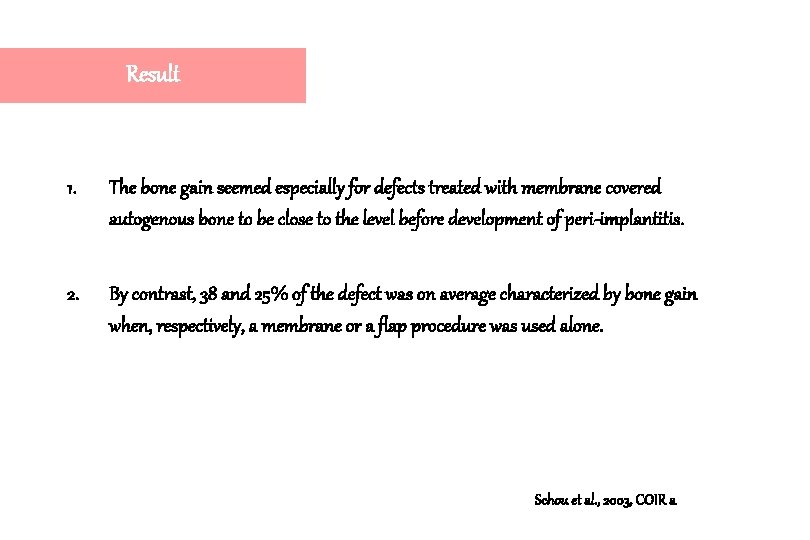 Result 1. The bone gain seemed especially for defects treated with membrane covered autogenous Result 1. The bone gain seemed especially for defects treated with membrane covered autogenous