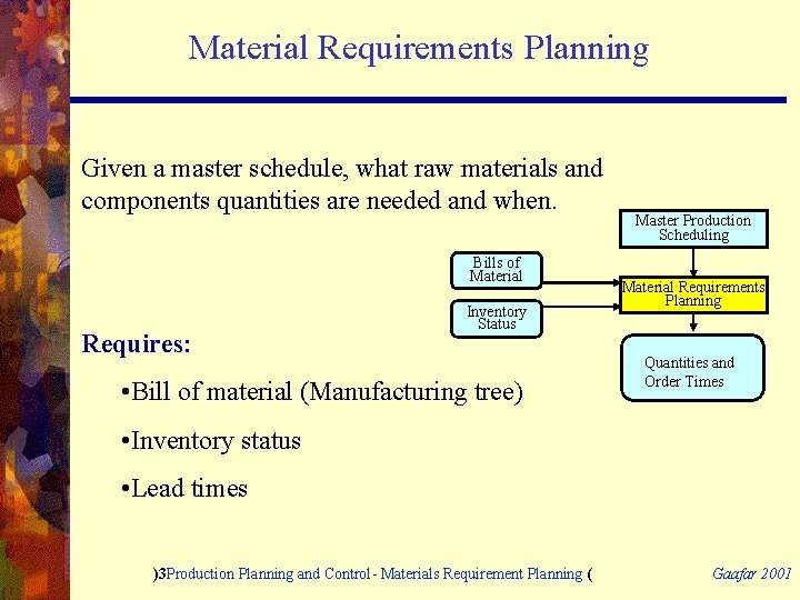 Material Requirements Planning Given a master schedule, what raw materials and components quantities are