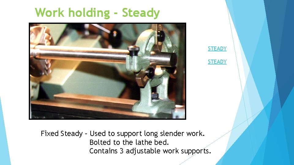 Work holding - Steady STEADY Fixed Steady – Used to support long slender work.