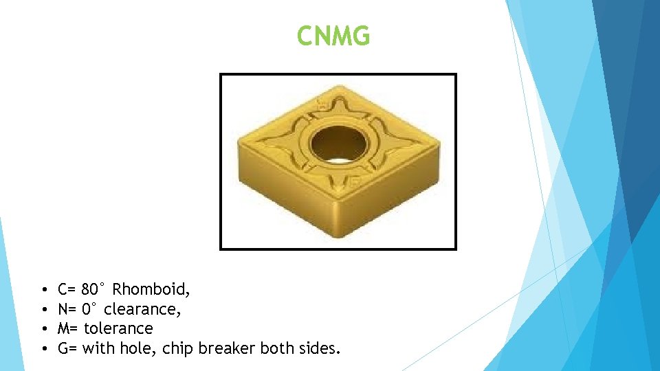 CNMG • • C= 80° Rhomboid, N= 0° clearance, M= tolerance G= with hole,