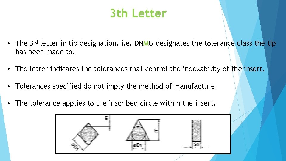 3 th Letter • The 3 rd letter in tip designation, i. e. DNMG