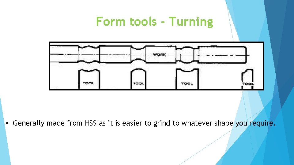 Form tools - Turning • Generally made from HSS as it is easier to