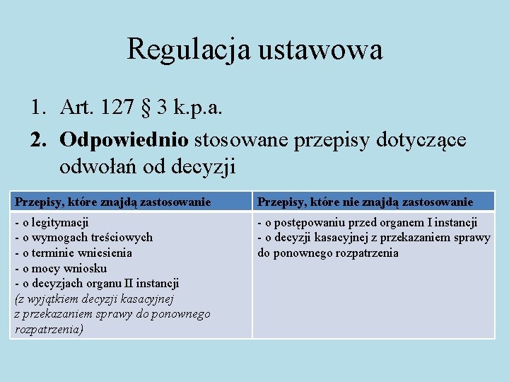 Regulacja ustawowa 1. Art. 127 § 3 k. p. a. 2. Odpowiednio stosowane przepisy