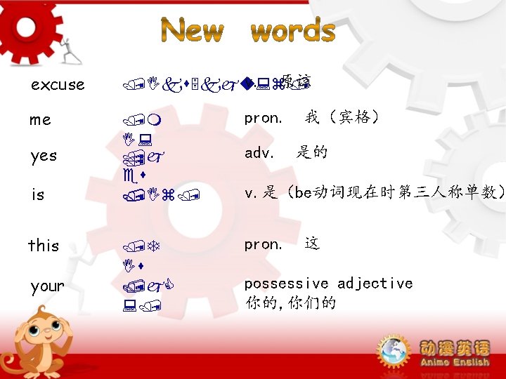 excuse v. 原谅 /Iks 5 kju: z/ me /m I: /j / es /Iz/ excuse v. 原谅 /Iks 5 kju: z/ me /m I: /j / es /Iz/