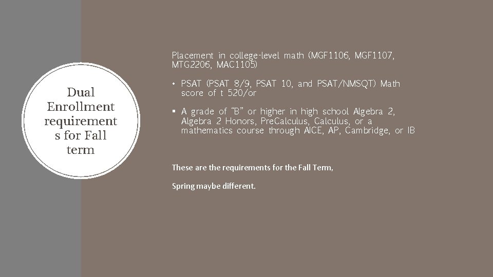 Placement in college-level math (MGF 1106, MGF 1107, MTG 2206, MAC 1105) Dual Enrollment