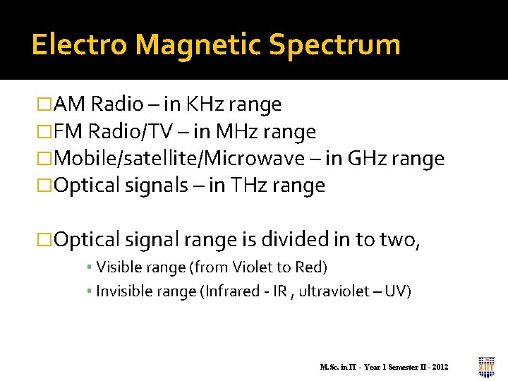 Electro Magnetic Spectrum �AM Radio – in KHz range �FM Radio/TV – in MHz