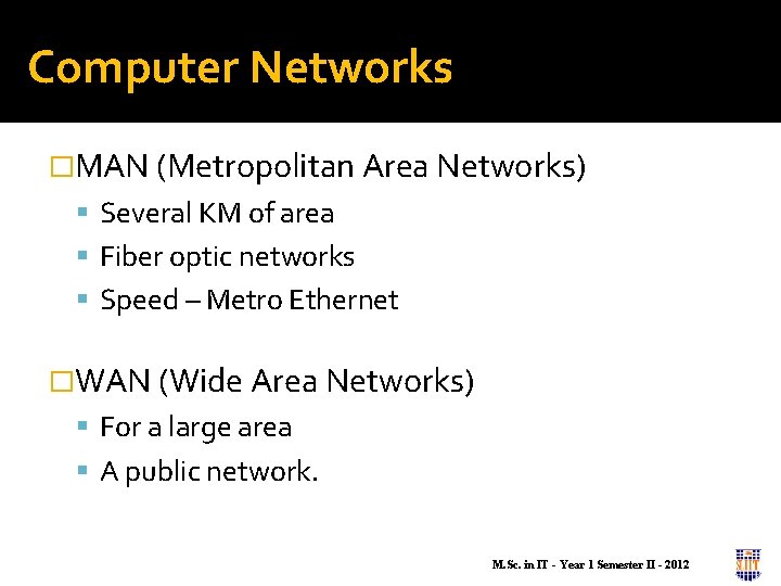 Computer Networks �MAN (Metropolitan Area Networks) Several KM of area Fiber optic networks Speed