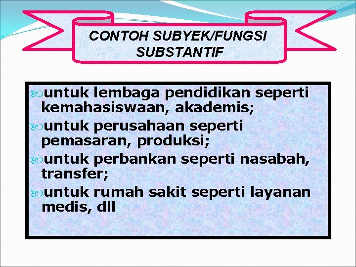 CONTOH SUBYEK/FUNGSI SUBSTANTIF untuk lembaga pendidikan seperti kemahasiswaan, akademis; untuk perusahaan seperti pemasaran, produksi;