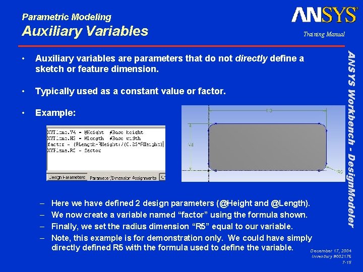 Parametric Modeling Auxiliary Variables Training Manual Auxiliary variables are parameters that do not directly