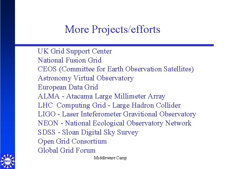 More Projects/efforts UK Grid Support Center National Fusion Grid CEOS (Committee for Earth Observation