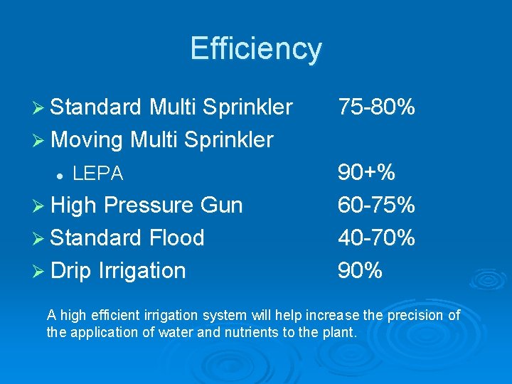 Efficiency Ø Standard Multi Sprinkler 75 -80% Ø Moving Multi Sprinkler l LEPA Ø