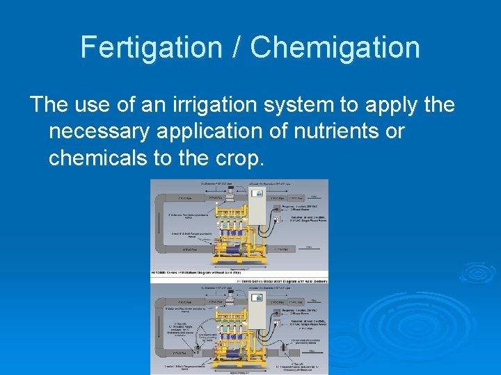 Fertigation / Chemigation The use of an irrigation system to apply the necessary application
