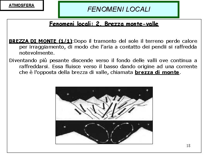ATMOSFERA FENOMENI LOCALI Fenomeni locali: 2. Brezza monte-valle BREZZA DI MONTE (1/1): Dopo il
