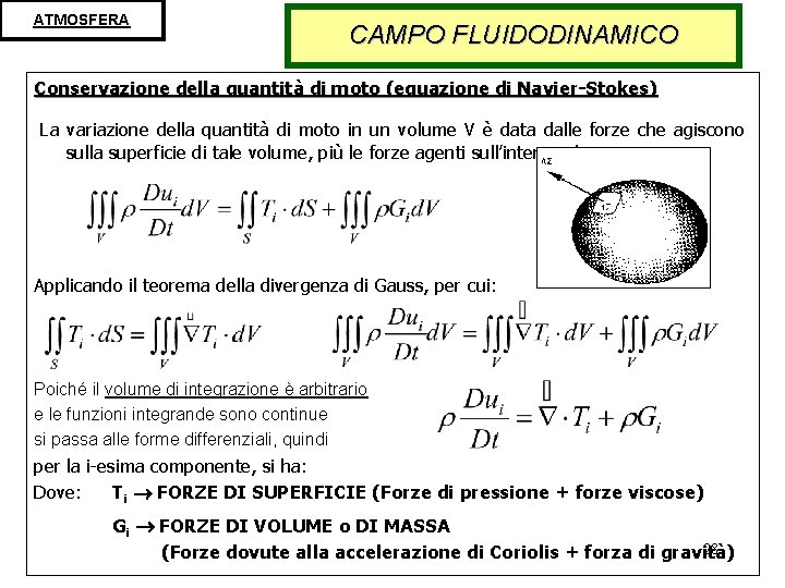 ATMOSFERA CAMPO FLUIDODINAMICO Conservazione della quantità di moto (equazione di Navier-Stokes) La variazione della