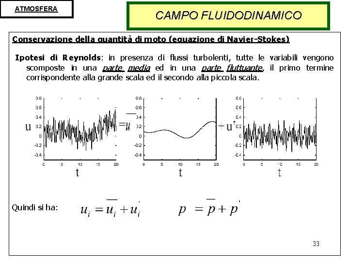 ATMOSFERA CAMPO FLUIDODINAMICO Conservazione della quantità di moto (equazione di Navier-Stokes) Ipotesi di Reynolds: