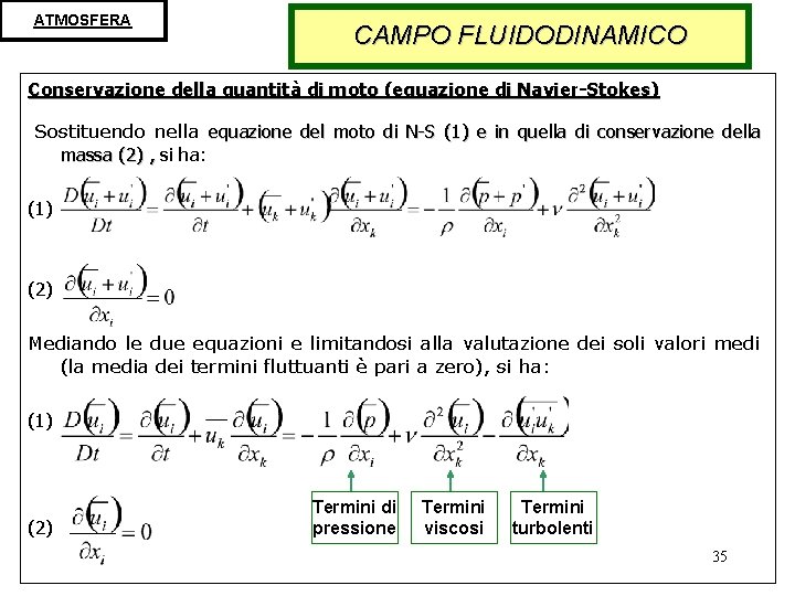 ATMOSFERA CAMPO FLUIDODINAMICO Conservazione della quantità di moto (equazione di Navier-Stokes) Sostituendo nella equazione