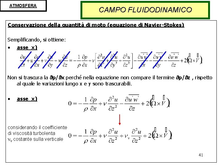 ATMOSFERA CAMPO FLUIDODINAMICO Conservazione della quantità di moto (equazione di Navier-Stokes) Semplificando, si ottiene: