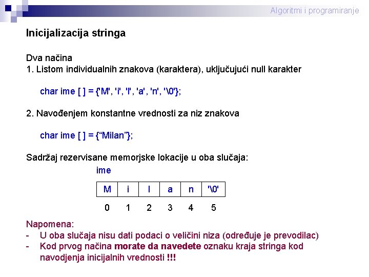 Algoritmi i programiranje Inicijalizacija stringa Dva načina 1. Listom individualnih znakova (karaktera), uključujući null