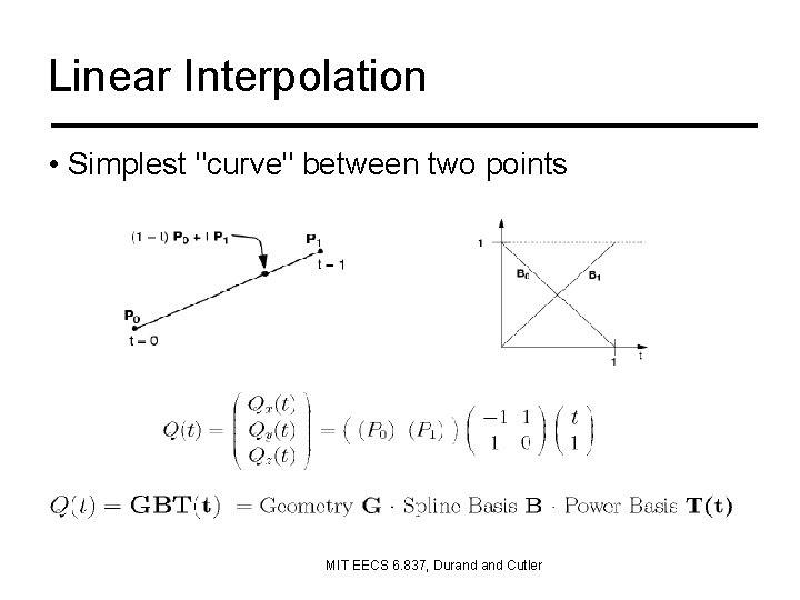 Linear Interpolation • Simplest "curve" between two points MIT EECS 6. 837, Durand Cutler