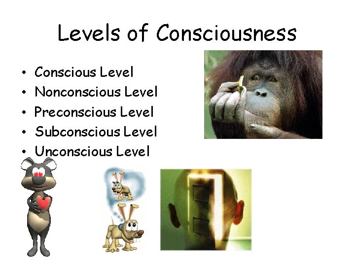 Levels of Consciousness • • • Conscious Level Nonconscious Level Preconscious Level Subconscious Level