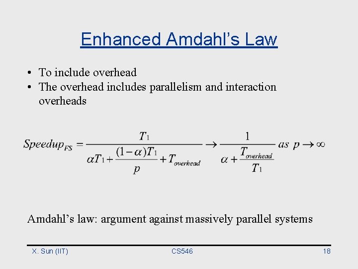 Enhanced Amdahl’s Law • To include overhead • The overhead includes parallelism and interaction