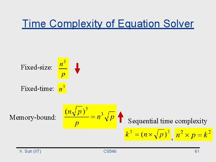 Time Complexity of Equation Solver Fixed-size: Fixed-time: Memory-bound: Sequential time complexity , X. Sun