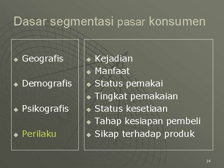 Dasar segmentasi pasar konsumen u Geografis u u u Demografis u u u Psikografis