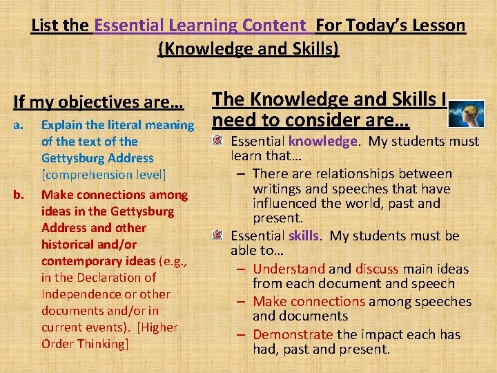 List the Essential Learning Content For Today’s Lesson (Knowledge and Skills) If my objectives