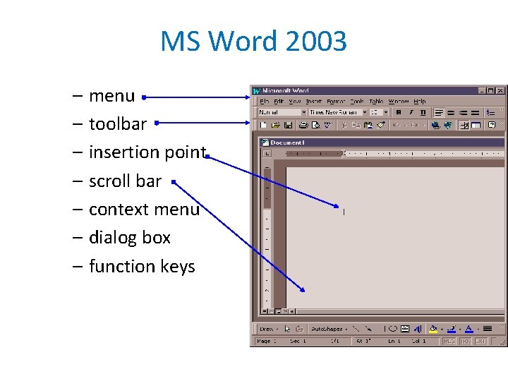 MS Word 2003 – menu – toolbar – insertion point – scroll bar –