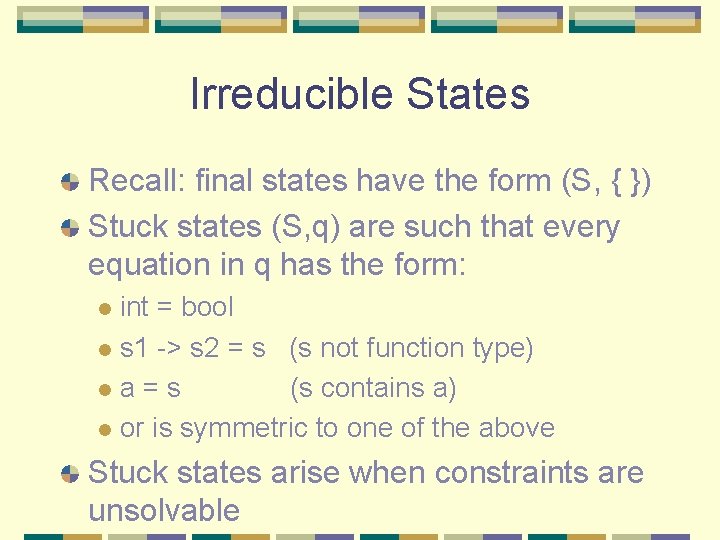 Irreducible States Recall: final states have the form (S, { }) Stuck states (S,