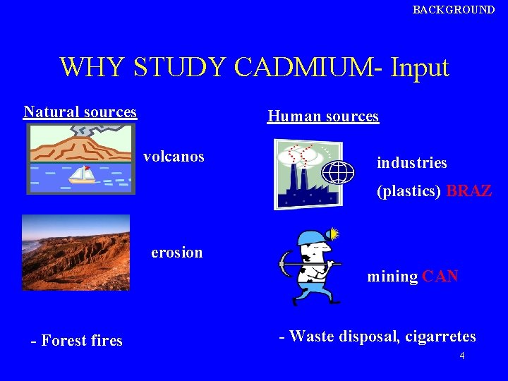 BACKGROUND WHY STUDY CADMIUM- Input Natural sources Human sources volcanos industries (plastics) BRAZ erosion