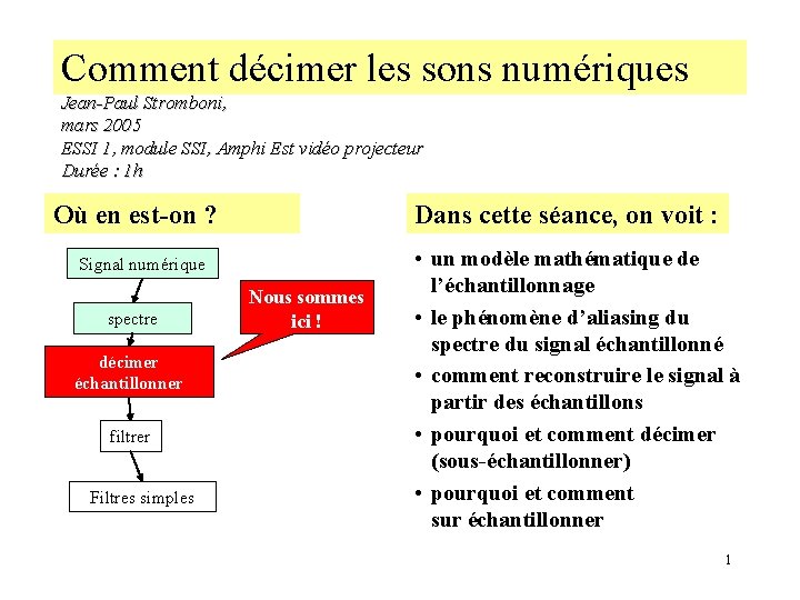 Comment décimer les sons numériques Jean-Paul Stromboni, mars 2005 ESSI 1, module SSI, Amphi