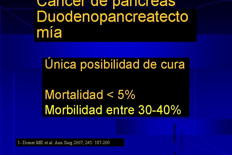 Cancer de páncreas Duodenopancreatecto mía Única posibilidad de cura Mortalidad < 5% Morbilidad entre Cancer de páncreas Duodenopancreatecto mía Única posibilidad de cura Mortalidad < 5% Morbilidad entre