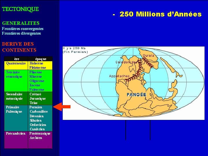 TECTONIQUE GENERALITES Frontières convergentes Frontières divergentes DERIVE DES CONTINENTS ère Quaterneaire Terciaire cénozoïque Secondaire