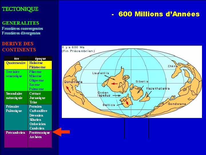 TECTONIQUE GENERALITES Frontières convergentes Frontières divergentes DERIVE DES CONTINENTS ère Quaterneaire Terciaire cénozoïque Secondaire