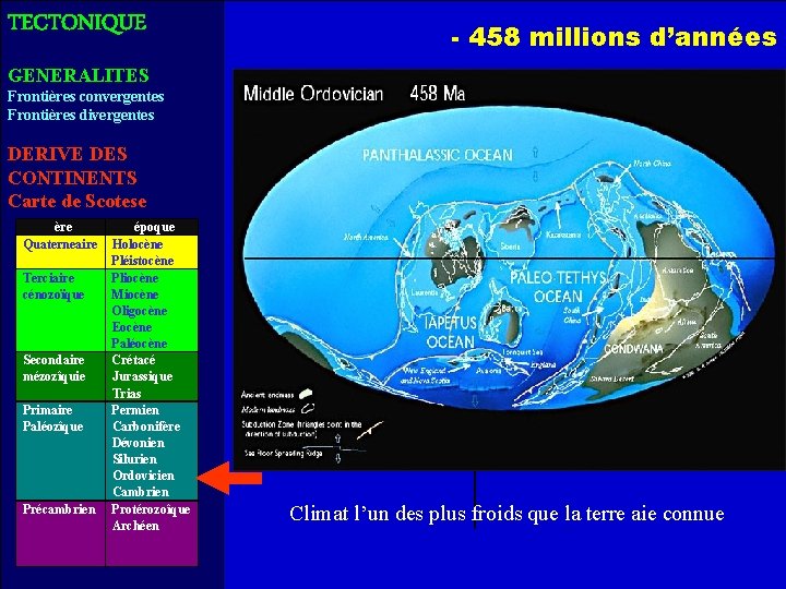 TECTONIQUE - 458 millions d’années GENERALITES Frontières convergentes Frontières divergentes DERIVE DES CONTINENTS Carte