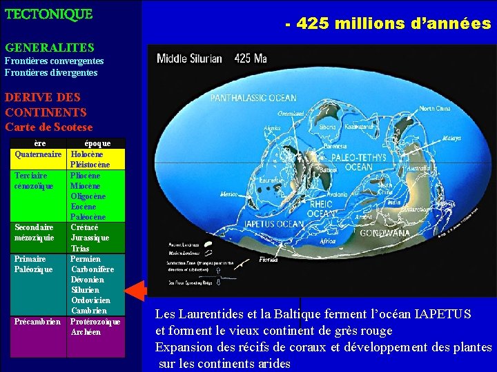 TECTONIQUE - 425 millions d’années GENERALITES Frontières convergentes Frontières divergentes DERIVE DES CONTINENTS Carte