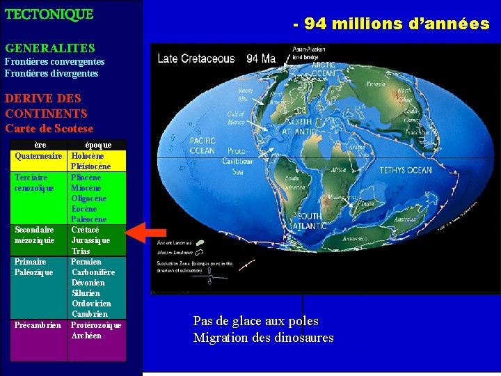 TECTONIQUE - 94 millions d’années GENERALITES Frontières convergentes Frontières divergentes DERIVE DES CONTINENTS Carte