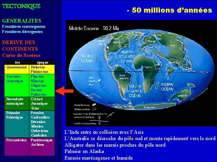 TECTONIQUE - 50 millions d’années GENERALITES Frontières convergentes Frontières divergentes DERIVE DES CONTINENTS Carte