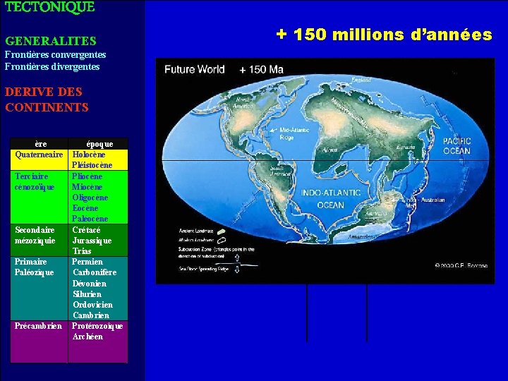 TECTONIQUE GENERALITES Frontières convergentes Frontières divergentes DERIVE DES CONTINENTS ère Quaterneaire Terciaire cénozoïque Secondaire