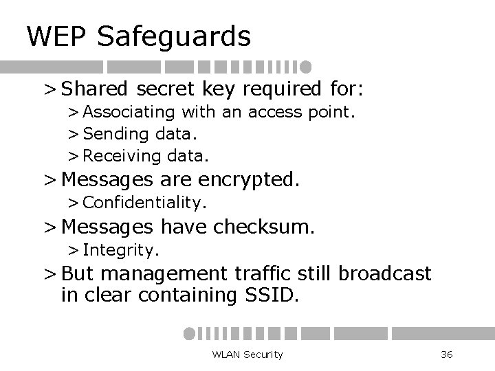 WEP Safeguards > Shared secret key required for: > Associating with an access point.