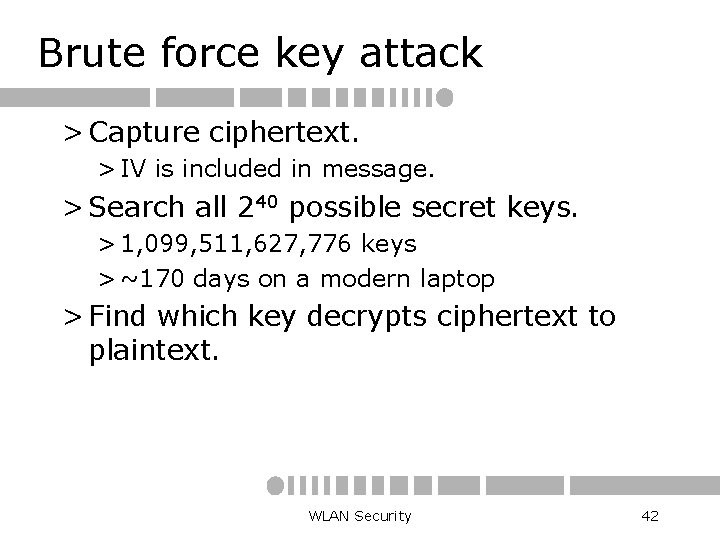 Brute force key attack > Capture ciphertext. > IV is included in message. >