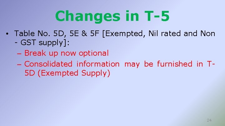 Changes in T-5 • Table No. 5 D, 5 E & 5 F [Exempted,