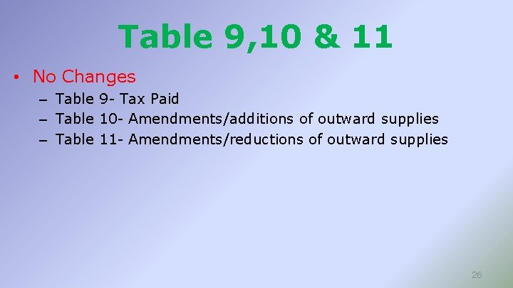 Table 9, 10 & 11 • No Changes – Table 9 - Tax Paid