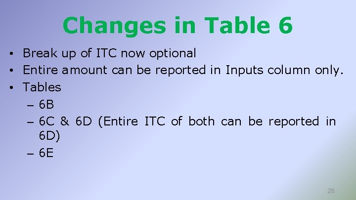 Changes in Table 6 • Break up of ITC now optional • Entire amount