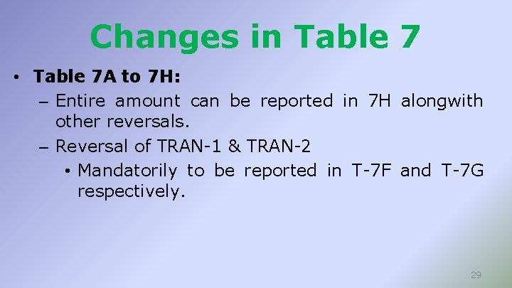 Changes in Table 7 • Table 7 A to 7 H: – Entire amount